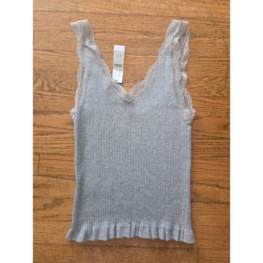J Crew Womens Gray Ribbed Knit Lace Trim Tank Top Size Small Soft NWT